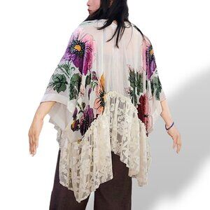 Ethos floral burnout velvet mesh fringed beaded embroidered lace trim kimono boh
